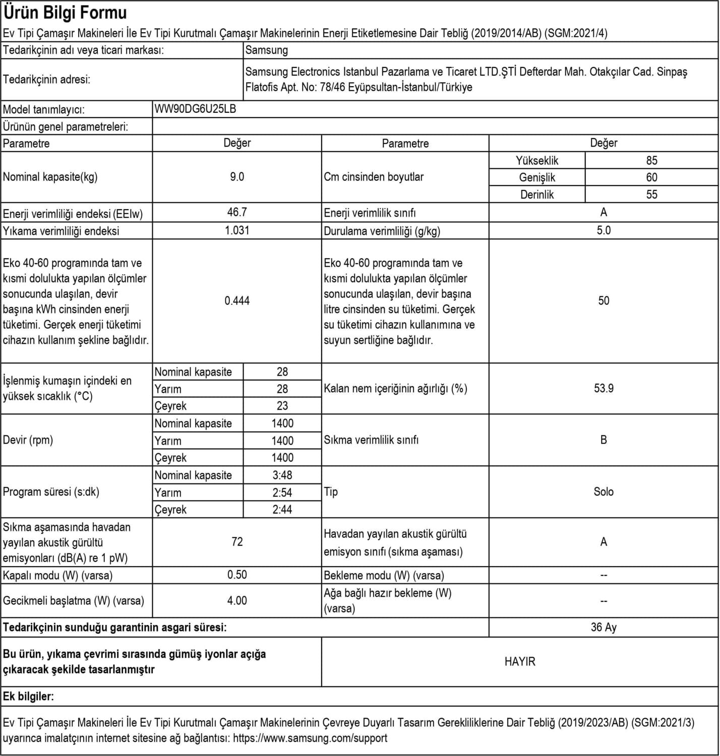 Samsung WW90DG6U25LBAH A Enerji Sınıfı 9 kg 1400 Devir Siyah Çamaşır Makinesi 6