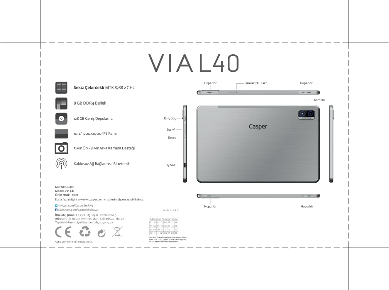 Casper VIA L40 8GB RAM 128GB 10.4" FHD Tablet 7