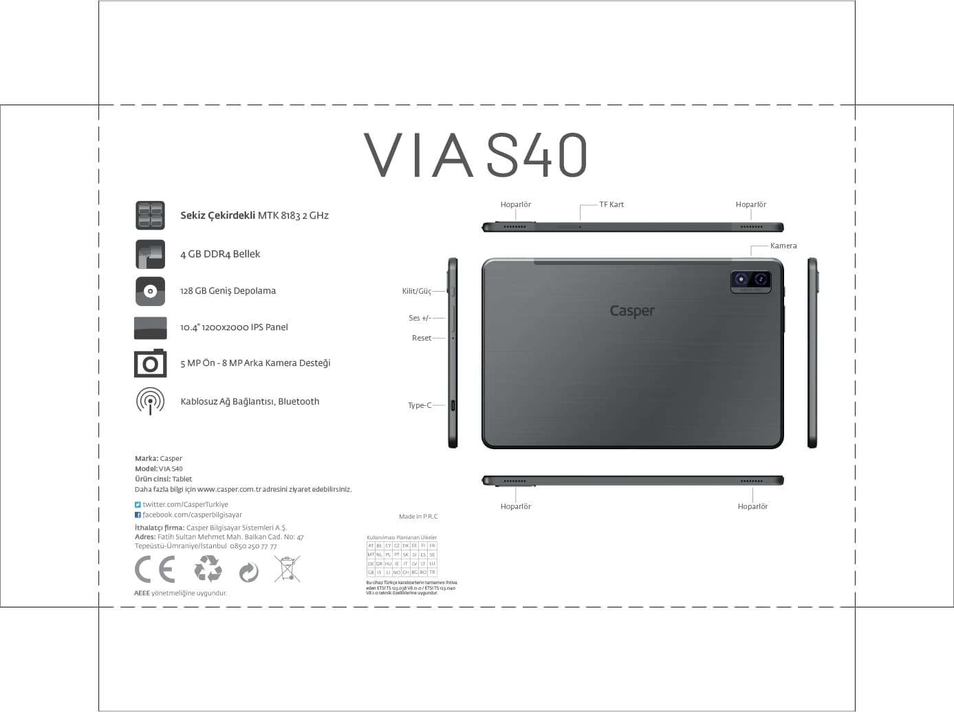 Casper VIA S40 4GB RAM 128GB 10.4" FHD Tablet 7