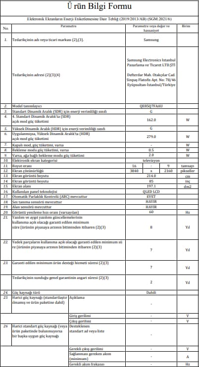 Samsung 85Q7FA 85'' 216 Ekran Uydu Alıcılı 4K Ultra HD Tizen Akıllı QLED TV 5
