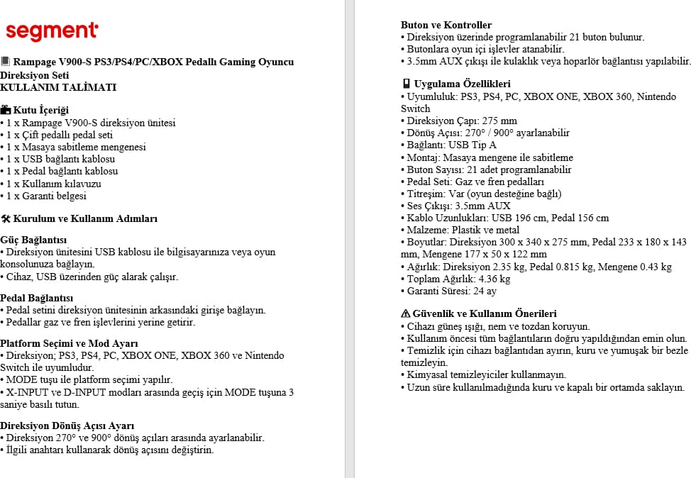 Rampage V900-S PS3/PS4/PC/XBOX Pedallı Gaming Oyuncu Direksiyonu 5