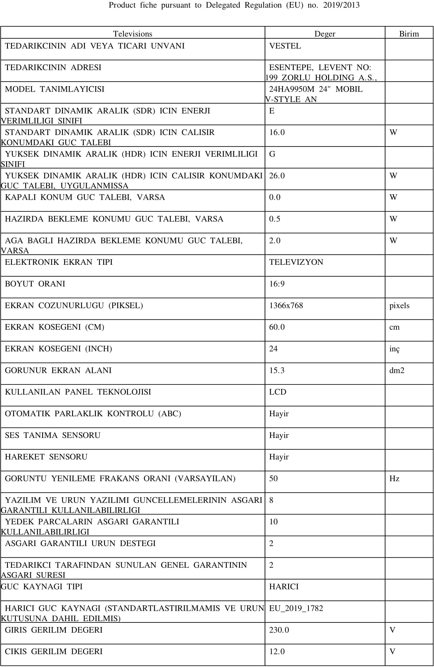 Vestel 24HA9950M 24'' 60 Ekran Mobil V-Style HD Ready Android TV 7