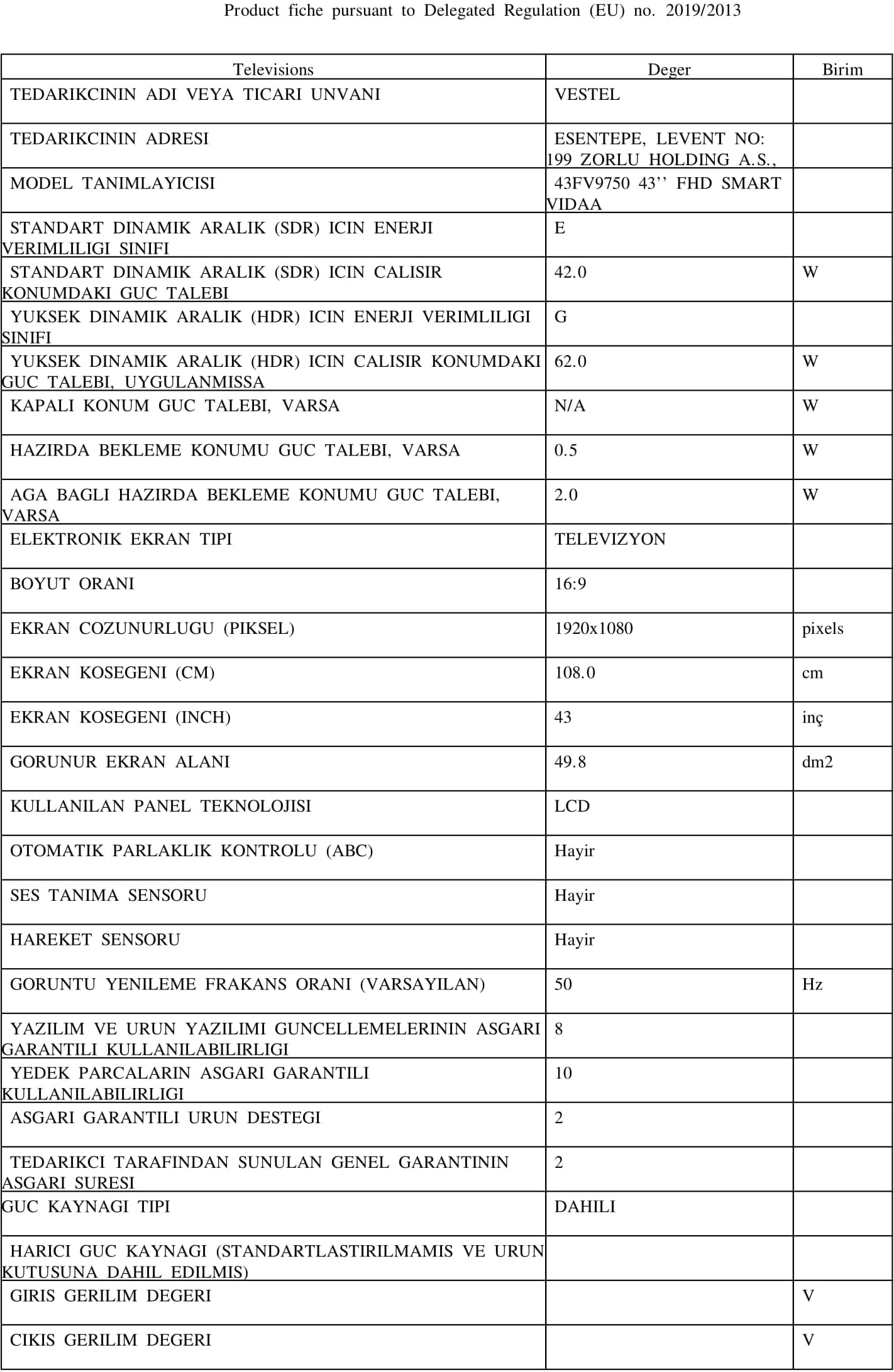 Vestel 43FV9750 43'' 108 Ekran Uydu Alıcılı Full HD Smart VİDAA TV 7