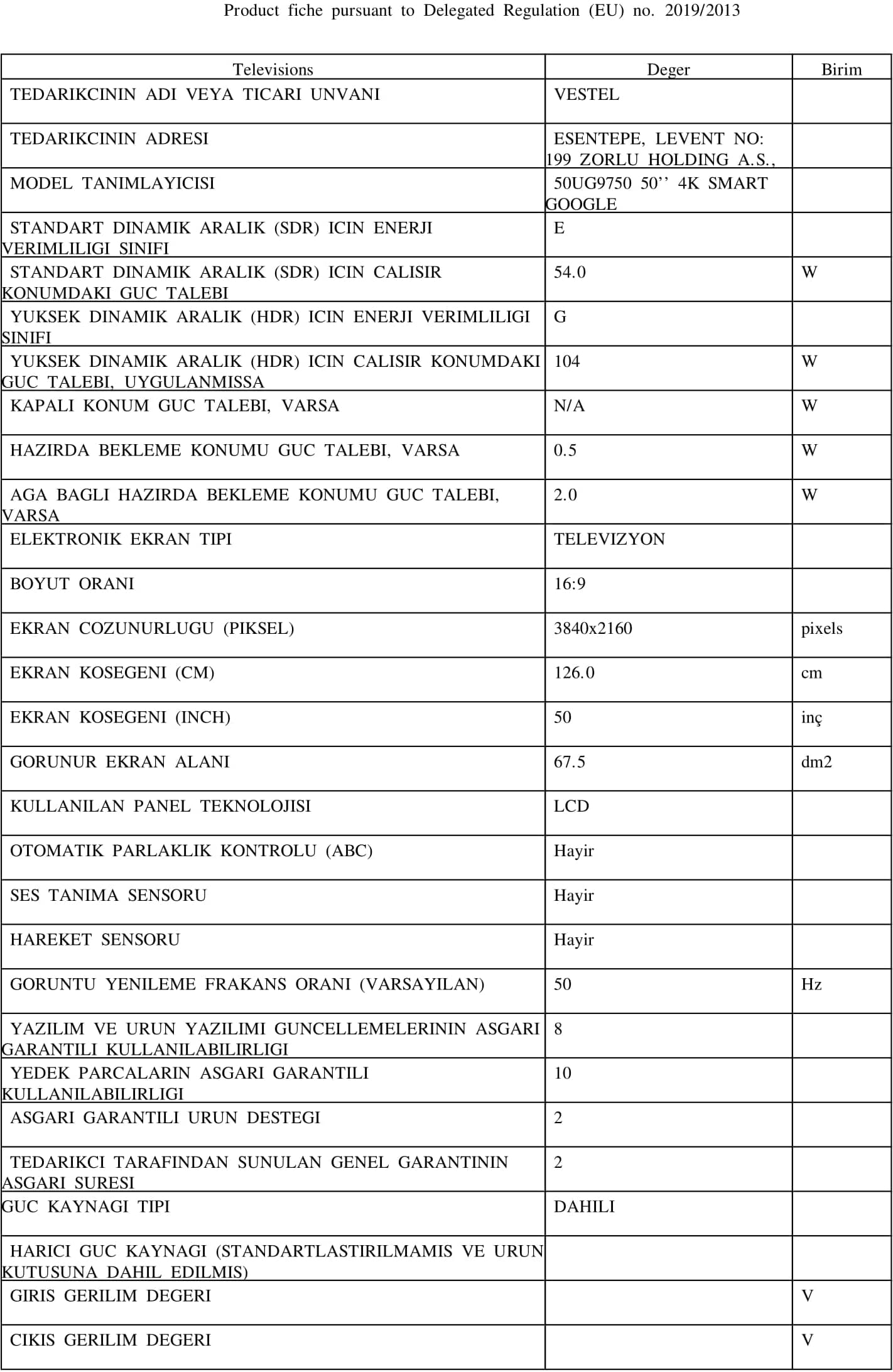 Vestel 50UG9750 50'' 126 Ekran Uydu Alıcılı 4K Ultra HD Smart Google TV 7