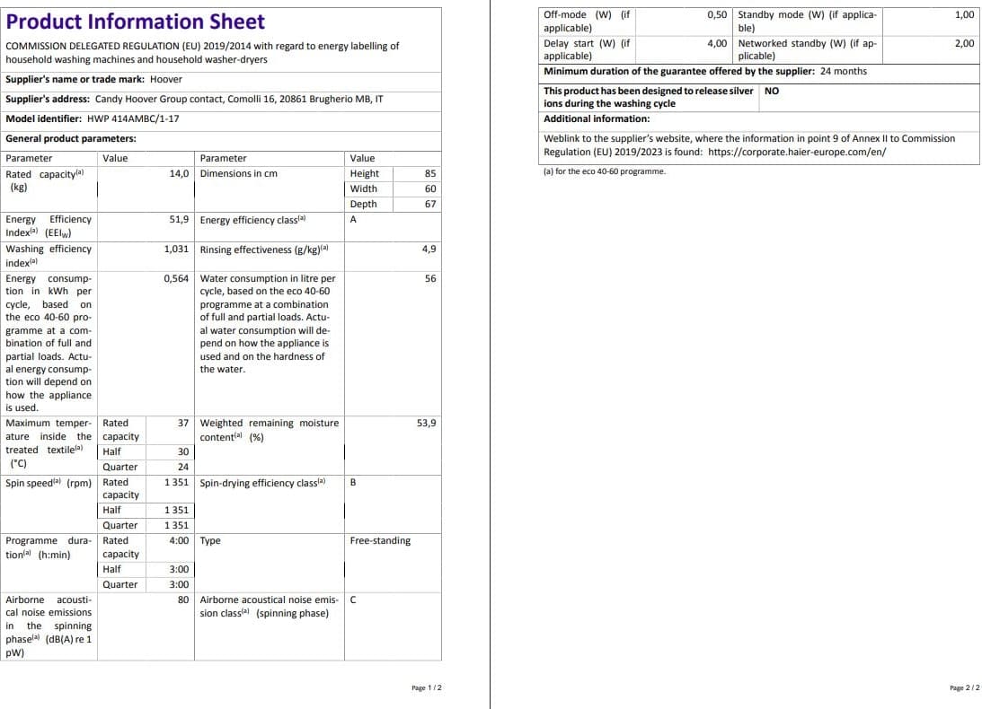 Hoover HWP 414AMBC/1-17 14 kg Wi-Fi  Bağlantılı 1400 Devir Çamaşır Makinesi 7