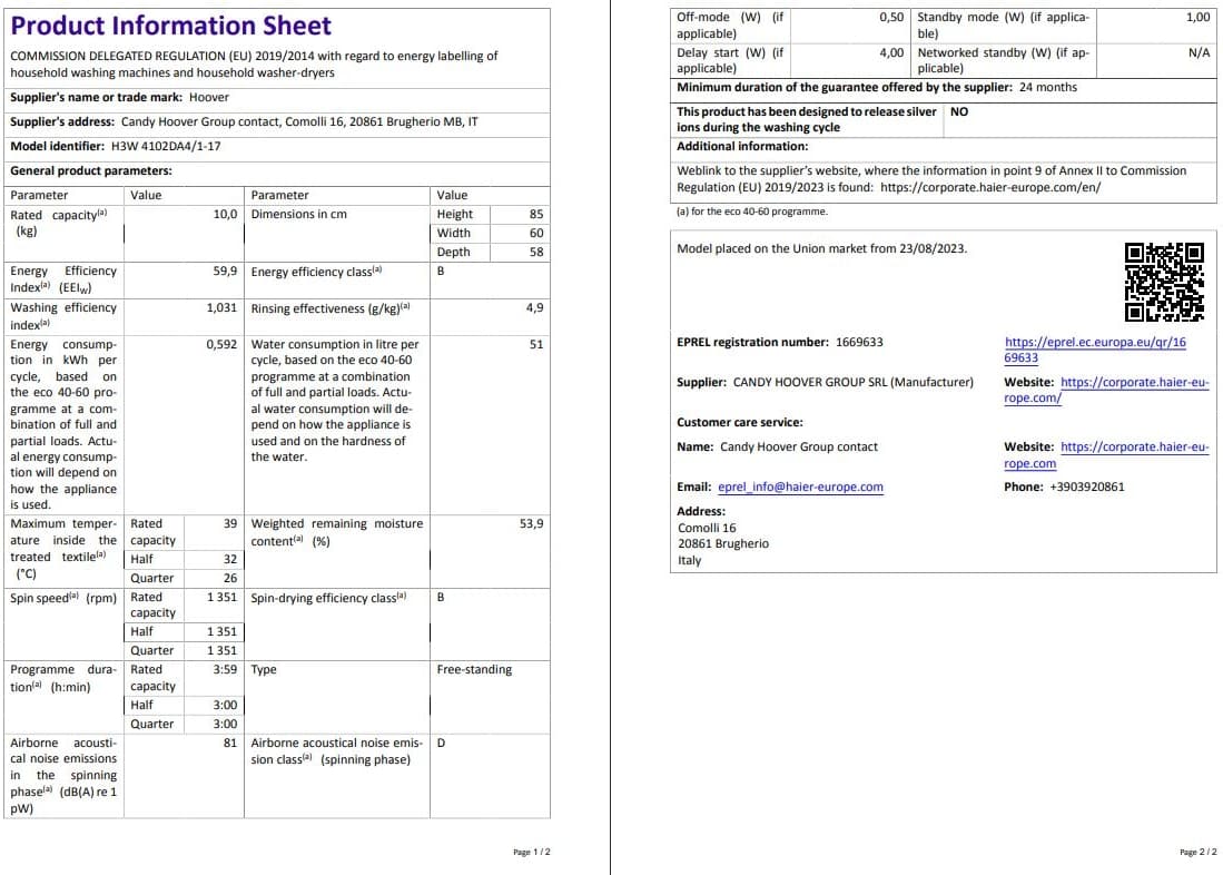 Hoover H3W 4102DA4/1-17 10 kg 1400 Devir NFC Bağlantılı Çamaşır Makinesi 6