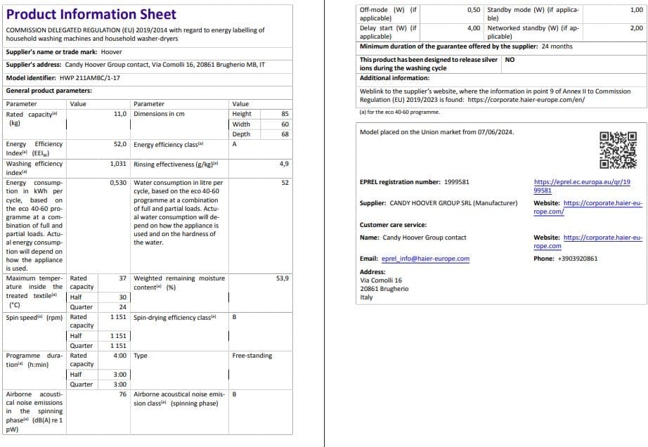 Hoover HWP 211AMBC/1-17 11 kg Wi-Fi  Bağlantılı 1200 Devir Çamaşır Makinesi 7