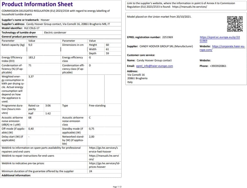 Hoover HLE C9LG-17 9 kg  NFC Bağlantılı Kurutma Makinesi 7