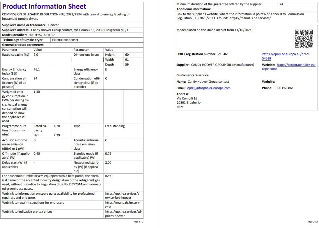 Hoover HLE H9A2DCER-17 9 kg Wi-Fi  Bağlantılı Isı Pompalı Kurutma Makinesi 6