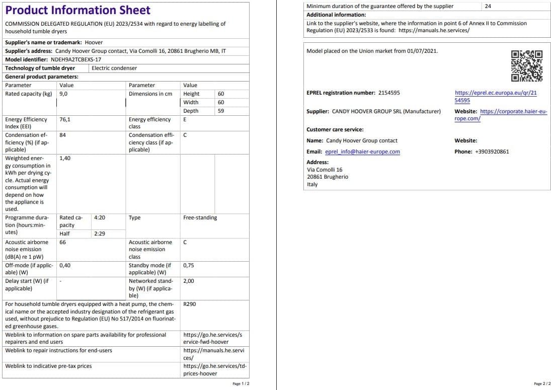Hoover Ndeh9A2Tcbexs-17 9 kg Wi-Fi Bağlantılı Isı Pompalı Kurutma Makinesi 7