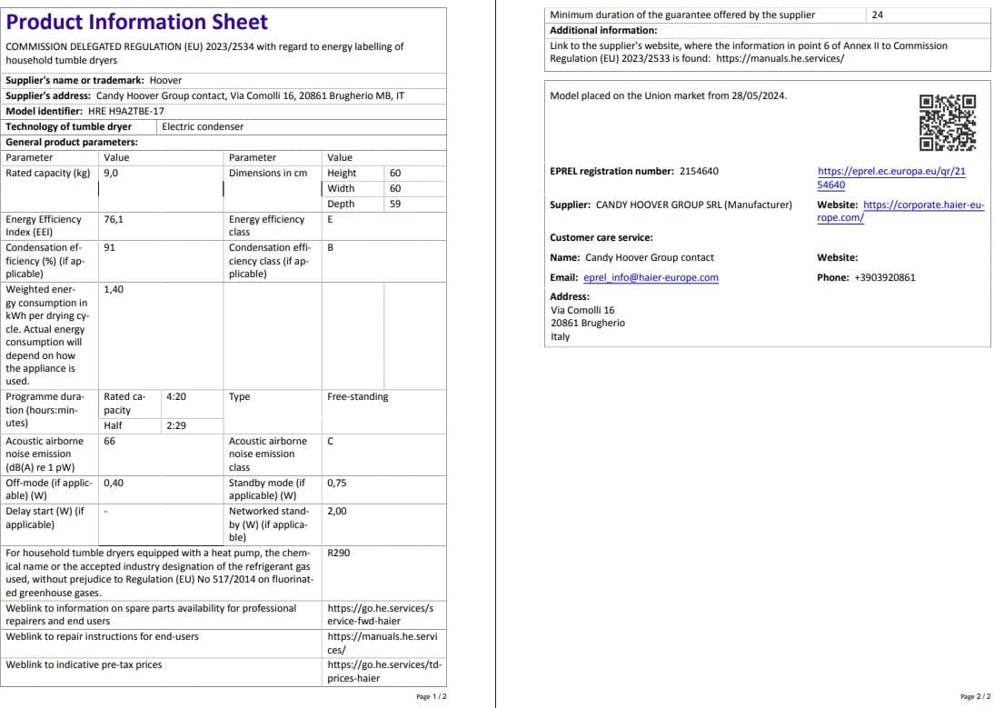 Hoover HREH 9A2TBE-17 9 kg Wi-Fi  Bağlantılı Isı Pompalı Kurutma Makinesi 8