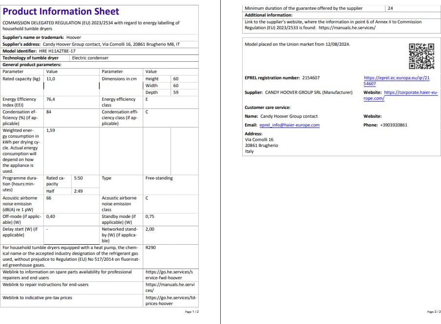 Hoover HREH 11A2TBE-17 11 kg Wi-Fi  Bağlantılı Isı Pompalı Kurutma Makinesi 8