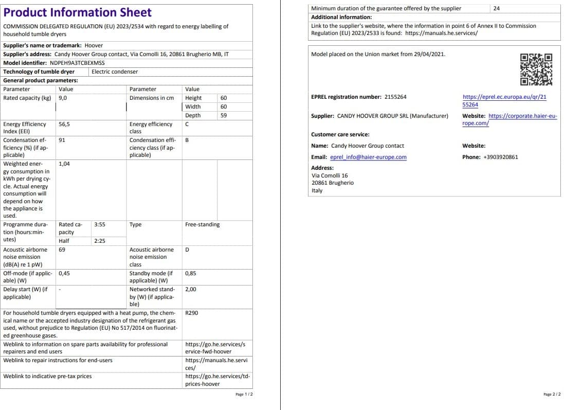 Hoover Ndpeh 9A3TCBEXMSS 9 kg Wi-Fi  Bağlantılı Isı Pompalı Kurutma Makinesi 7