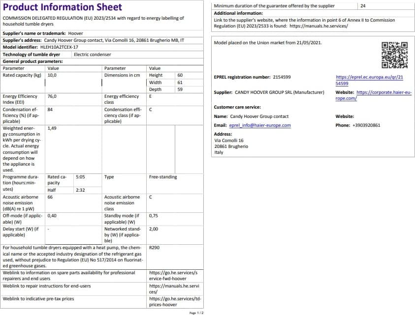 Hoover HLEH10A2TCEX-17 10 kg Wi-Fi  Bağlantılı Isı Pompalı Kurutma Makinesi 8