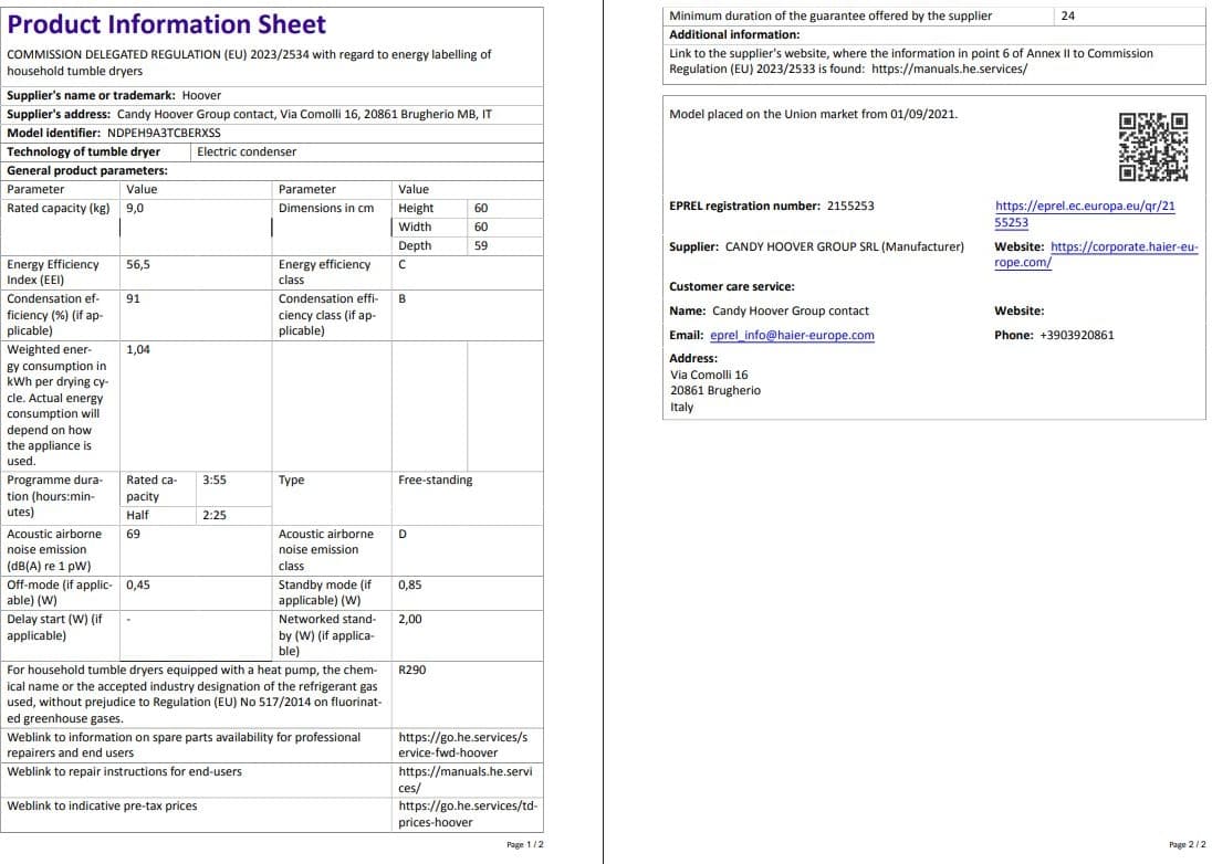 Hoover Ndpeh 9A3TCBERXSS 9 kg Wi-Fi  Bağlantılı Isı Pompalı Kurutma Makinesi 7