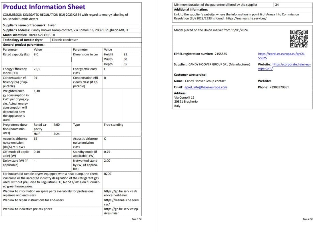 Haier HD90-A2939RE-TR 9 kg Wi-Fi  Bağlantılı Isı Pompalı Kurutma Makinesi 8