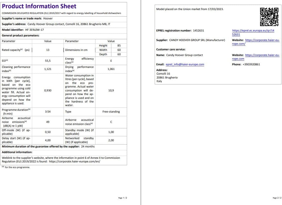 Hoover HF 3E9L0W-17 5 Programlı Wi-Fi Bağlantılı Bulaşık Makinesi 7