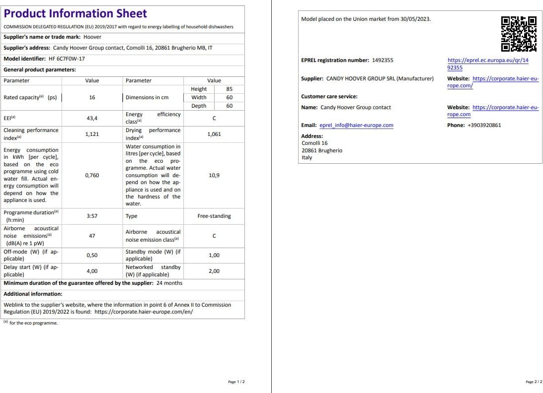 Hoover HF 6C7F0W-17 8 Programlı Wi-Fi Bağlantılı Bulaşık Makinesi 7