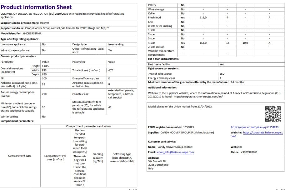Hoover HHCR3818ENPL E Enerji Sınıfı 467 Lt No-Frost Gardırop Tipi Buzdolabı 7