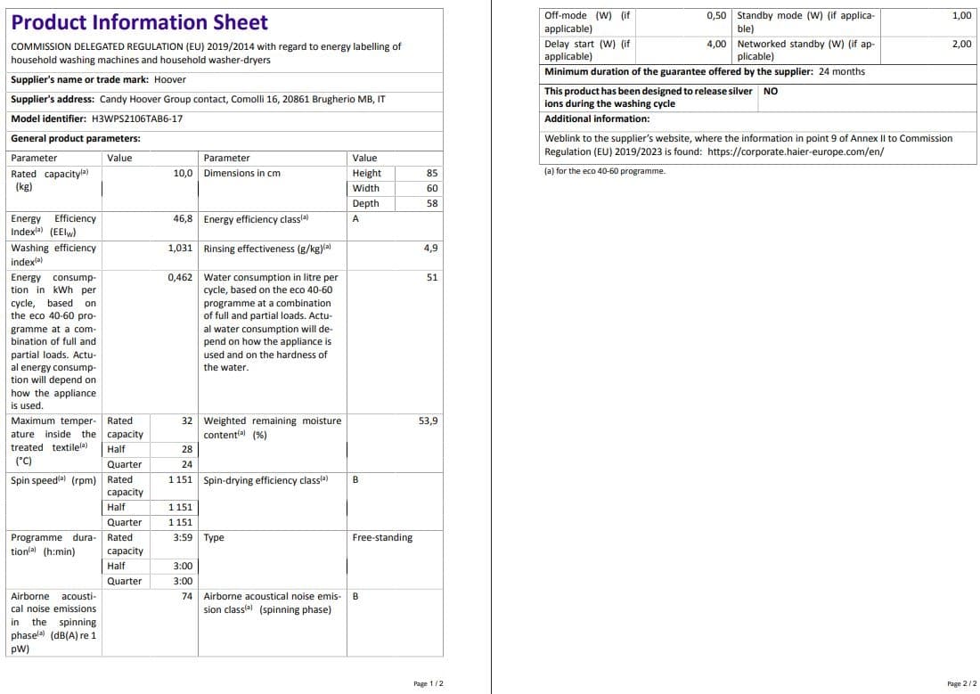 Hoover H3WPS2106TAB6-17 10 kg Wi-Fi Bağlantılı 1200 Devir Çamaşır Makinesi 7