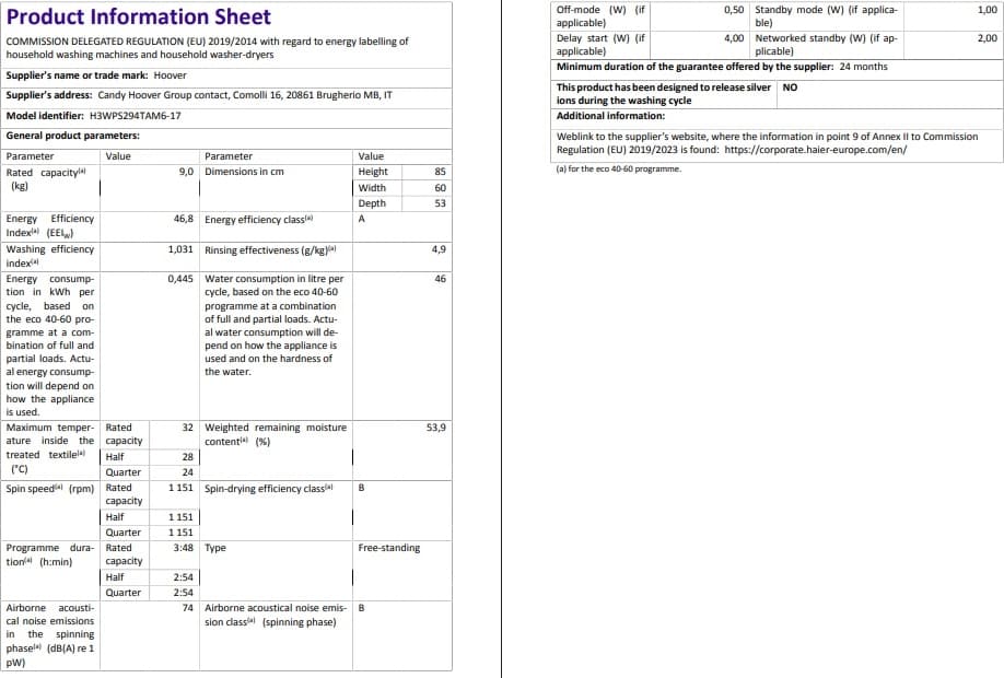 Hoover H3WPS294TAM6-17 9 kg Wi-Fi  Bağlantılı 1200 Devir Çamaşır Makinesi 8