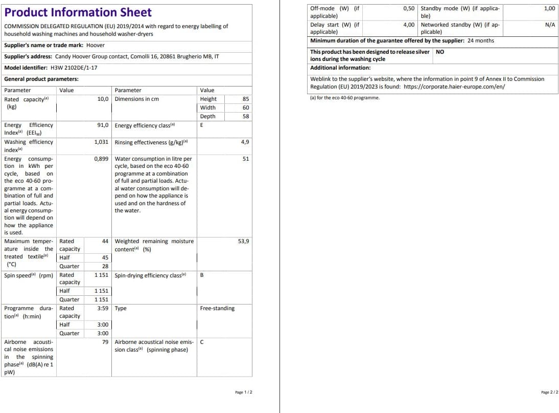 Hoover H3W 2102DE 10 kg Nfc Bağlantılı 1200 Devir Çamaşır Makinesi 7