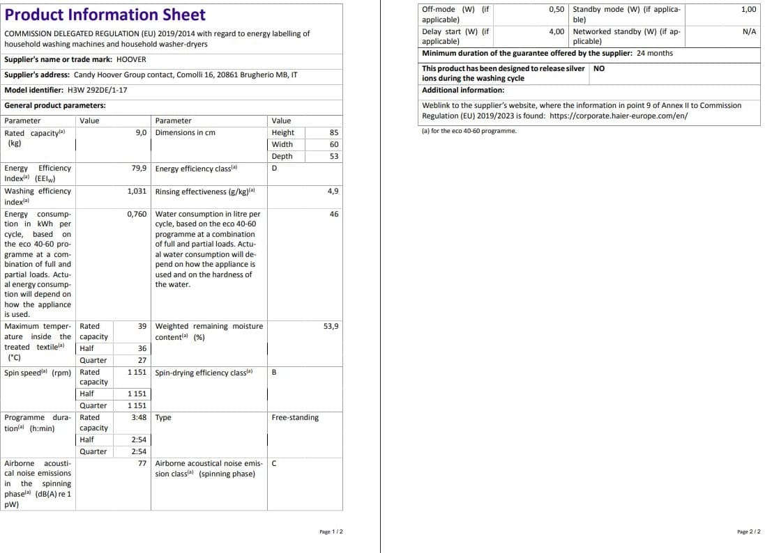 Hoover H3W 292DE/1-17 9 kg  NFC Bağlantılı 1200 Devir Çamaşır Makinesi 6
