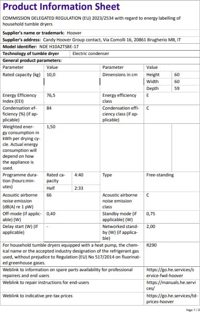 Hoover NDEH 10A2TSBE-17 10 kg Wi-Fi Bağlantılı Isı Pompalı Kurutma Makinesi 7