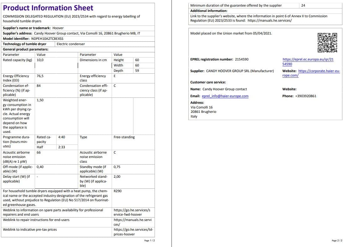 Hoover NDPEH10A2TCBEXSS 10 kg Wi-Fi  Bağlantılı Isı Pompalı Kurutma Makinesi 7
