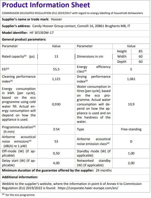 Hoover HF 3E53E0W-17 5 Programlı Beyaz Bulaşık Makinesi 5