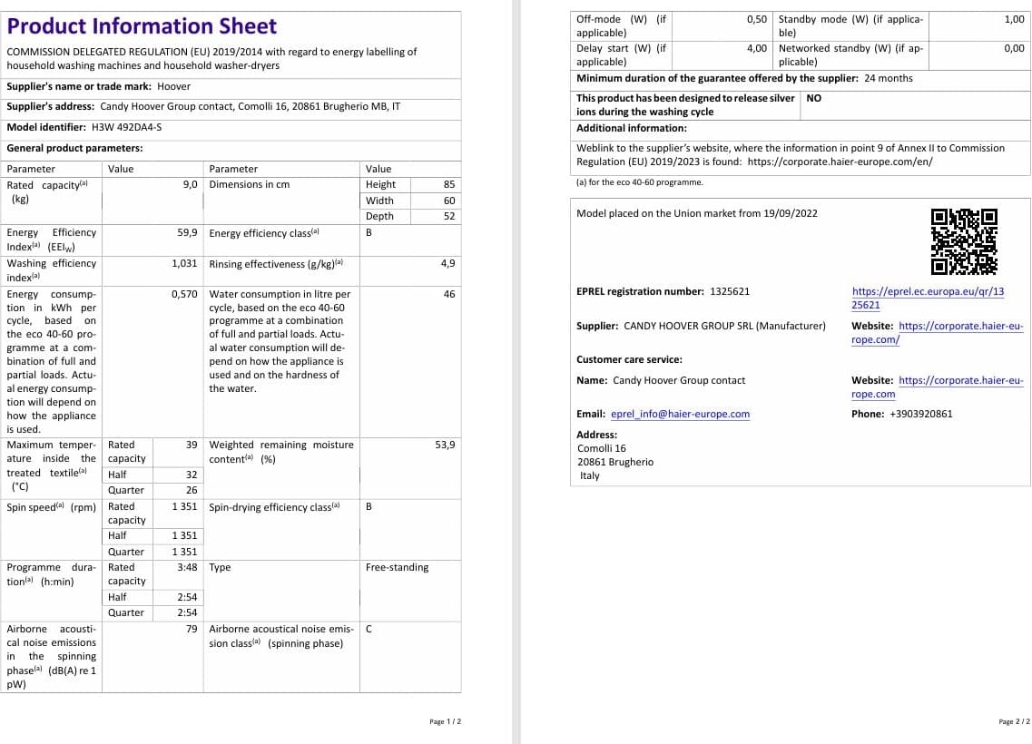 Hoover H3W 492DA4-S 9 kg Nfc Bağlantılı 1400 Devir Çamaşır Makinesi 6