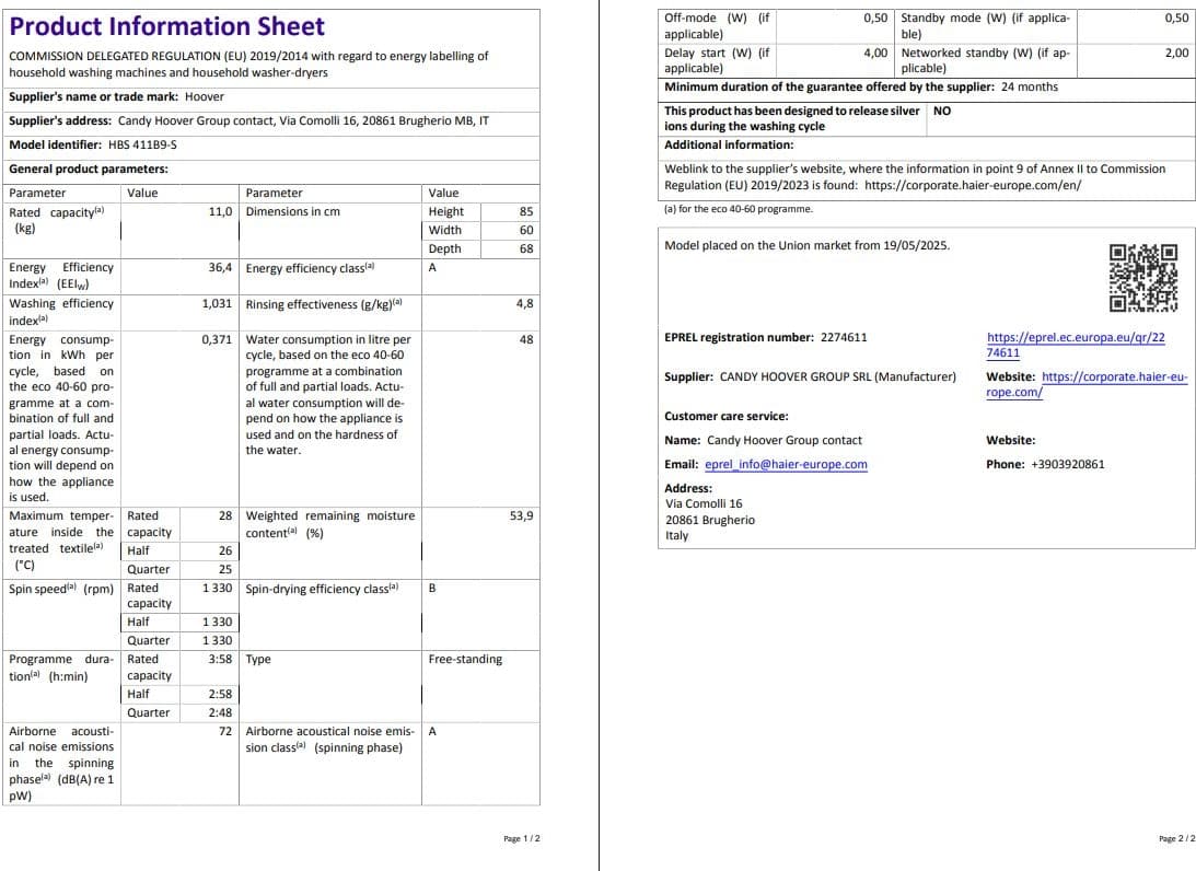 Hoover HBS 411B9-S 11 kg Wi-Fi  Bağlantılı 1400 Devir Çamaşır Makinesi 7