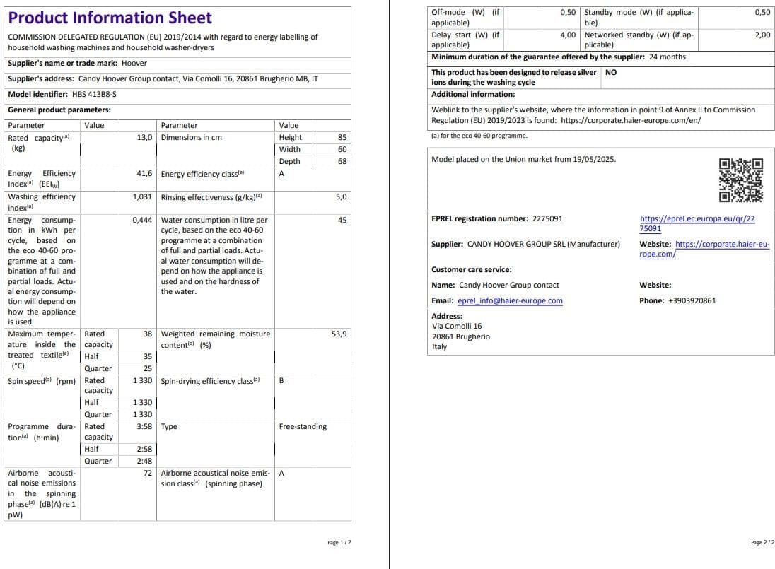 Hoover HBS 413B8-S 13 kg Wi-Fi  Bağlantılı 1400 Devir Çamaşır Makinesi 7