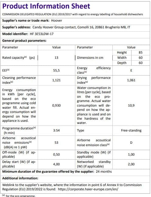 Hoover HF 3E53L0W-17 5 Programlı Wi-Fi Bağlantılı Bulaşık Makinesi 8