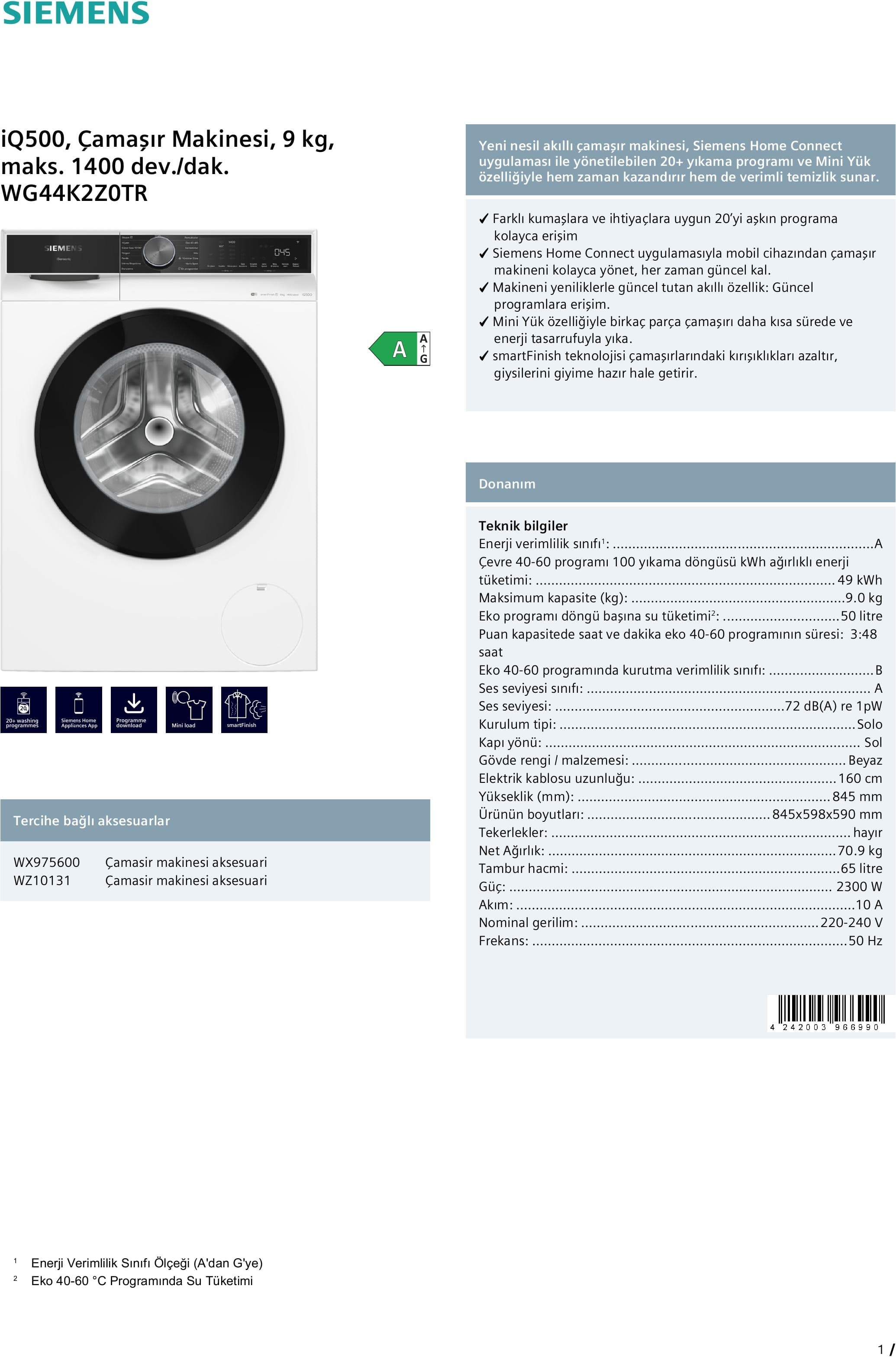 WG44K2Z0TR IQ500 Çamaşır Makinesi 9 kg Maks. 1400 Dev./dak. 6