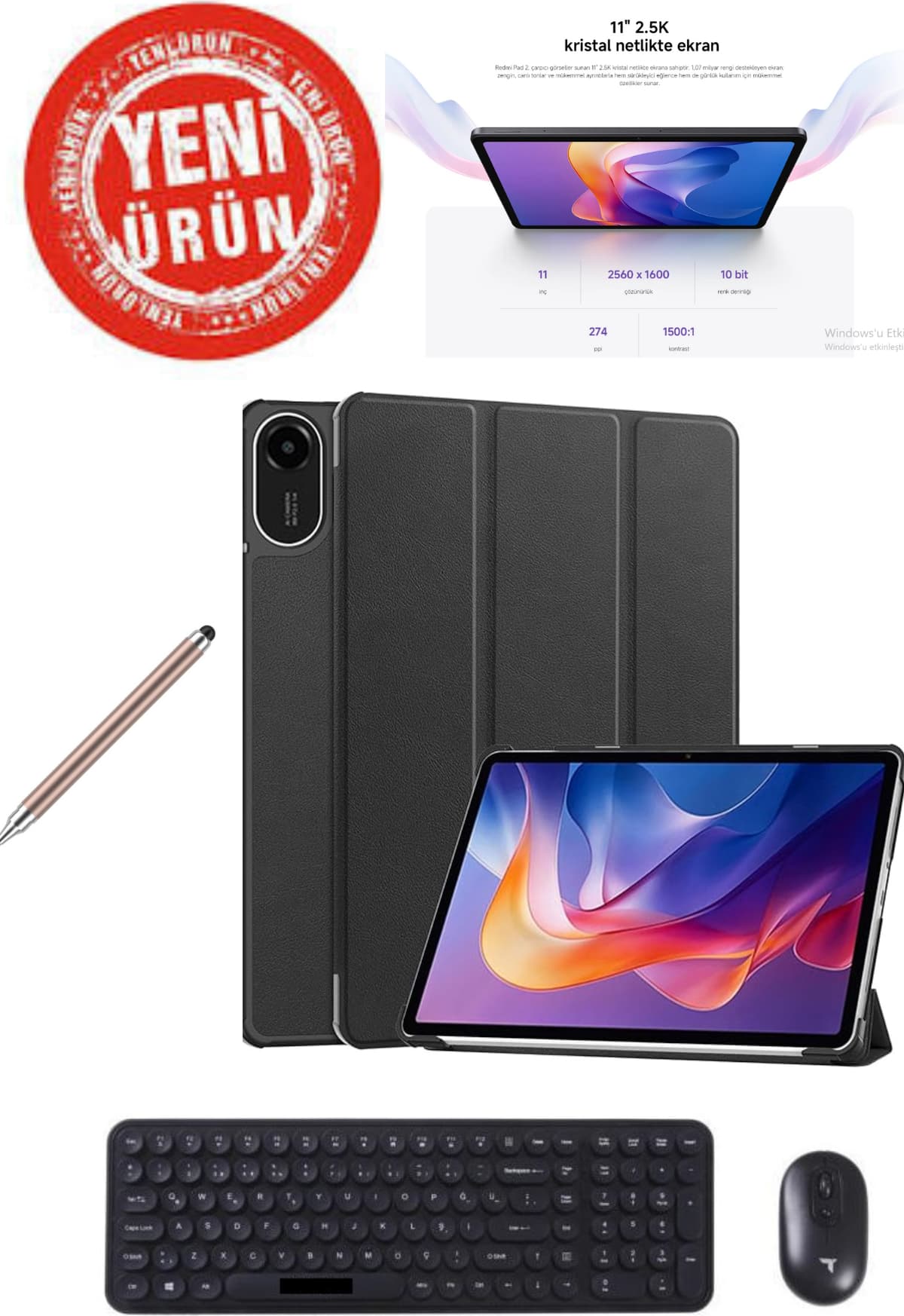 Xiaomi Redmi Pad 2 8gb Ram 256GB Hafıza 2.5k 11" Tablet Gri+Orjinal Kılıf+Kalem+Klavye Mouse Set 5