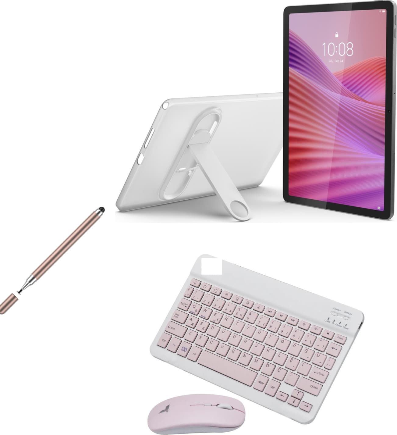 Lenovo Tab M10 4gb Ram 64GB Hafıza 10.1" Tablet Gri+ Şeffaf Kılıf+Kalem+Pembe Klavye ve Mouse Set 6