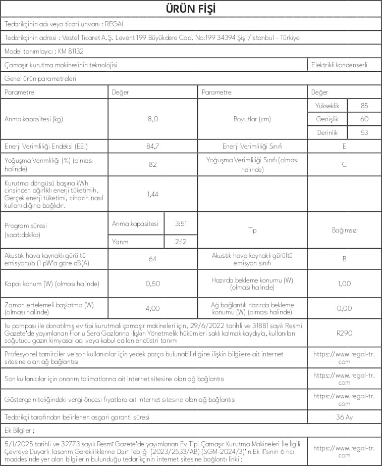 Regal Km 81132 8 kg Kurutma Makinesi 6