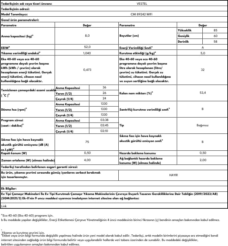 Vestel CMI 89142 WIFI 8 Kg 1400 Devir Çamaşır Makinesi 2