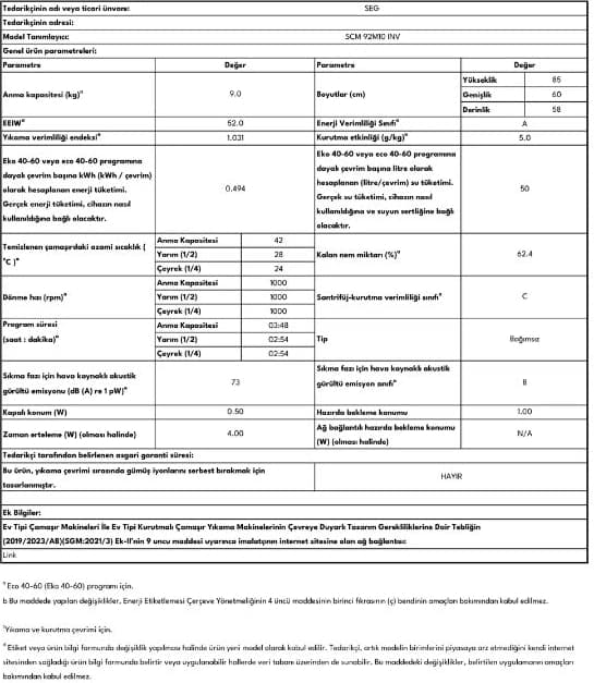 Seg Scm 92M10 Inv Çamaşır Makinesi 4