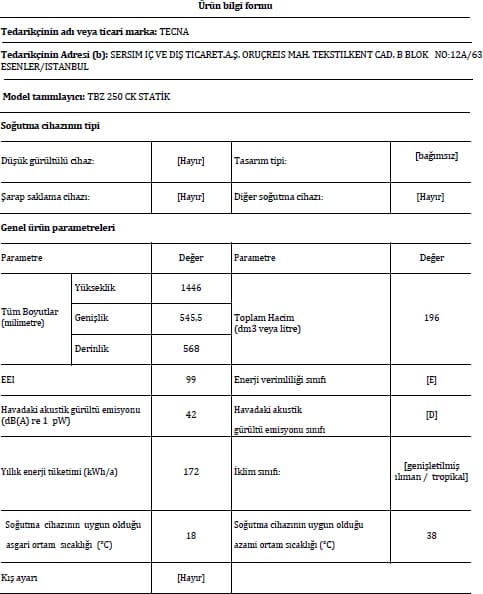 Tecna Tbz 250 Ck Statik 196LT Çift Kapılı Beyaz Buzdolabı 3