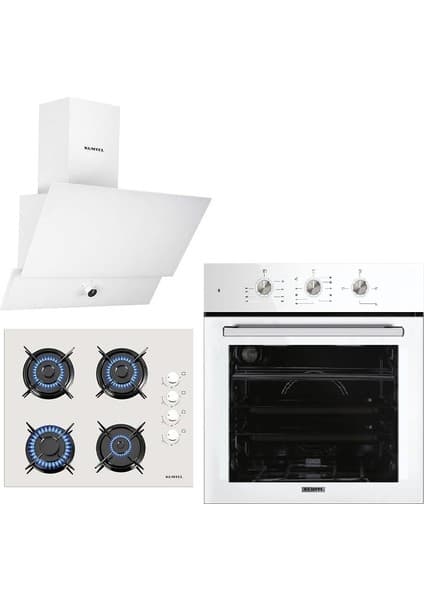 Kumtel Beyaz Cam Ankastre Set (DA6-830 Beyaz Davlumbaz + KO-40TAHDF Ankastre Beyaz Ocak + B66 - S2 (Mt) 3 Pro 3 Düğme(Plus) Cam Tel Raf Beyaz)