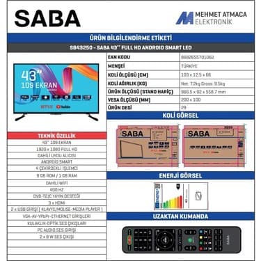 Saba SB43250 43" 109 Ekran Uydu Alıcılı Full HD Android Smart LED TV 8