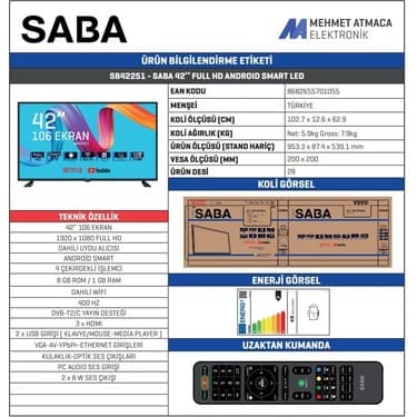 Saba SB42251 42" 106 Ekran Dahili Uydu Alıcılı Full HD Smart LED TV 6
