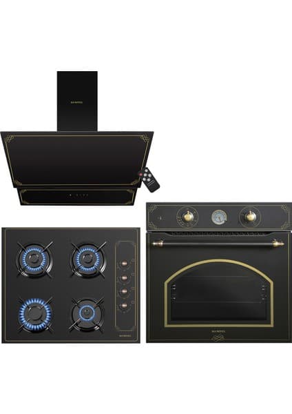 Kumtel Rustik Siyah Cam Ankastre Set (DA6-835 Davlumbaz KO-40 TAHDF Ocak B66-SF2 Fırın)