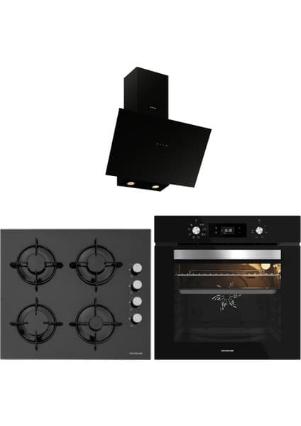 Silverline 3'lü Siyah Cam Ankastre Set: Flam Davlumbaz, Emaye Ocak ve Fırın