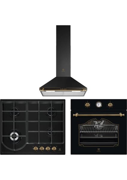 Electrolux Rococo Rustik Mat Siyah Ankastre Set (Davlumbaz+Ocak+Fırın)