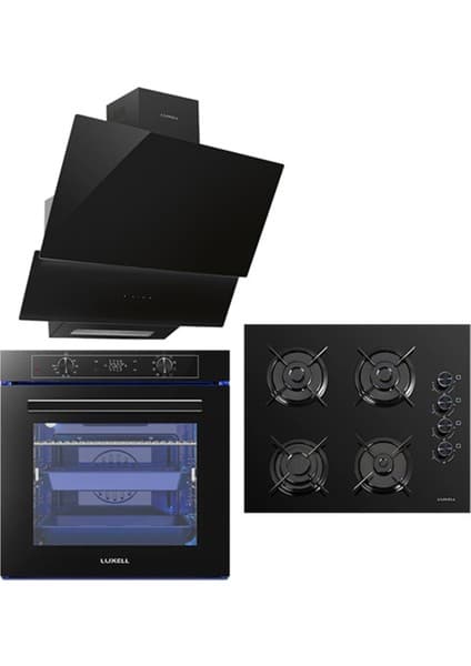 Luxell 88 Lt Platinum Siyah Ankastre Set - 4 Gözlü Gazlı Ocak ve Duvar Tipi Davlumbaz