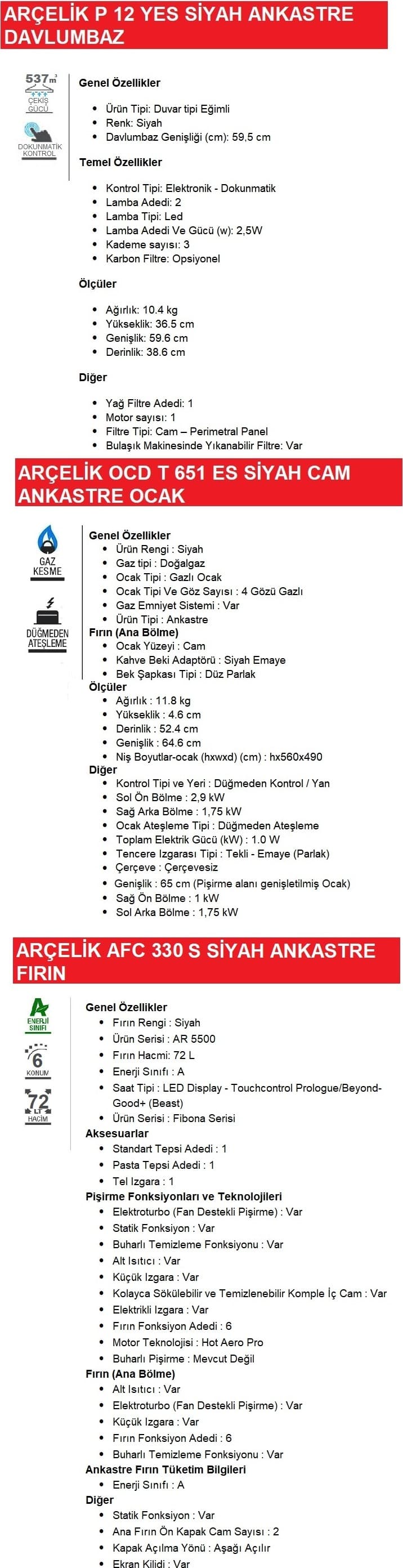 Arçelik Siyah Ankastre Set 131 ( Afc 330 S - Ocd 651 (651-2) - P 12 Yes ) 5