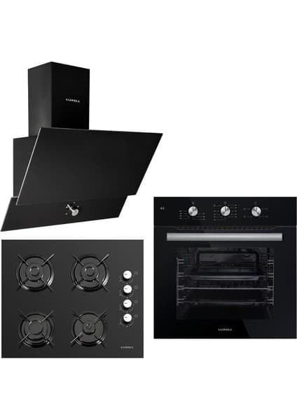 Kumtel Black Crystal Ankastre 3'lü Set (A6SF2 MT Siyah Ankastre Fırın + 40TAHDF Siyah Ankastre Ocak + 830 Siyah Davlumbaz)